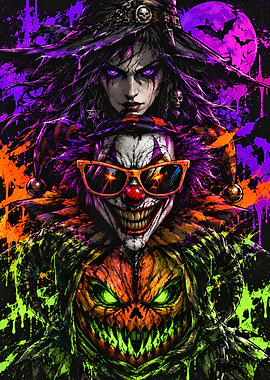 Halloween Witch Clown and Pumpkin Trio