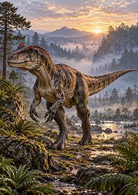 Allosaurus in a Misty Prehistoric Landscape