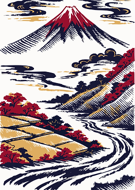 Mount Fuji Japanese Woodblock Print Style