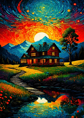 Cabin Landscape Cosmic Art Poster
