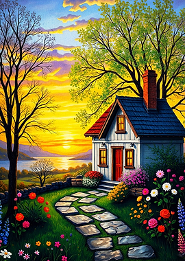 Sunset Cottage Garden Scenic Art