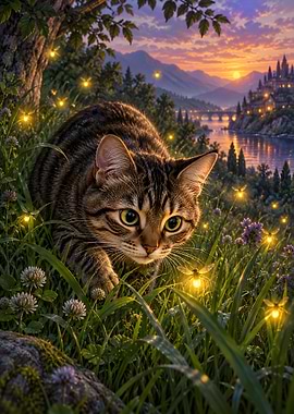 Cat Hunting Fireflies at Sunset