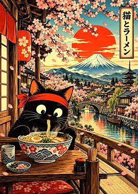 Black Cat Eating Ramen in Japan