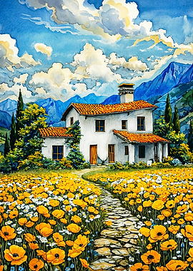 Tuscan Villa Meadow Watercolor Art