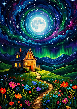 Cosmic Cabin Night Sky Art Poster