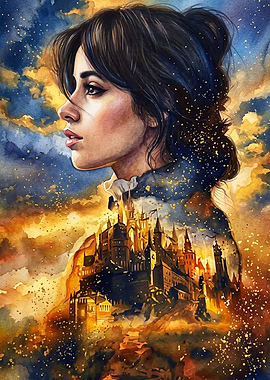 Fantasy Castle Woman Watercolor Art