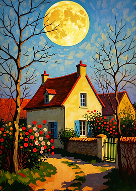 Full Moon Cottage Impasto Art Poste