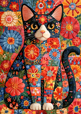 Floral Patterned Black Cat Illustration