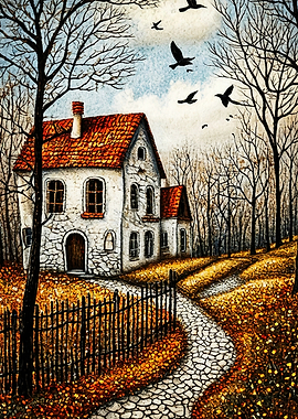 Autumn House Pathway Vintage Art