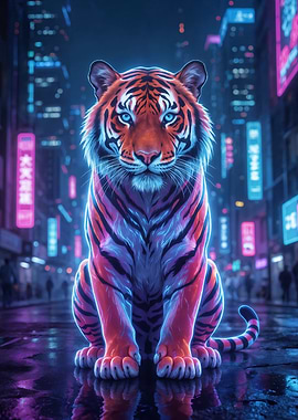 Neon Cyberpunk Tiger in City Street