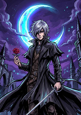 Anime Swordsman with Rose and Moon