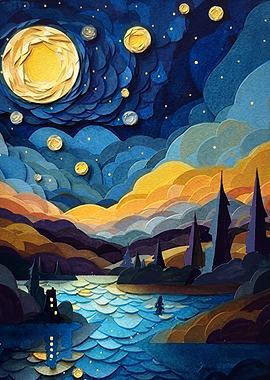 Starry Night Papercut Art Poster