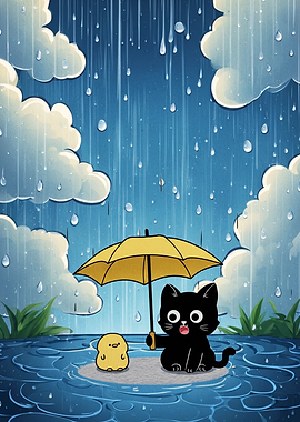 Black Cat and Chick in Rain
