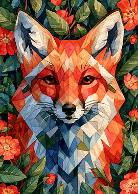 Geometric Fox Portrait in Flowers