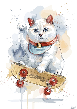 Skateboarding Lucky Cat Illustration