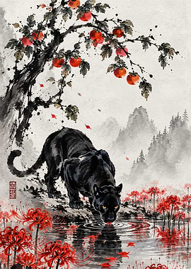 Black Panther Drinking by Red Flowers