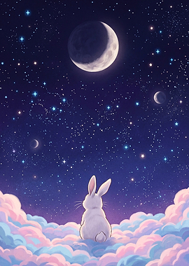Bunny Moon Night Sky Aesthetic Art