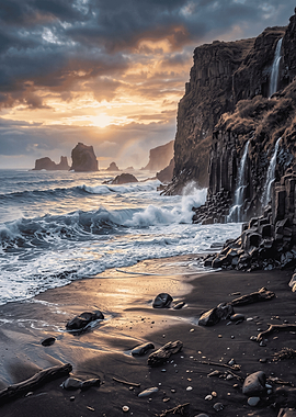 Dramatic Sunset at Icelandic Black Beach