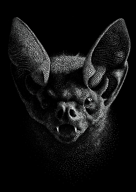 Monochrome Vampire Bat Portrait In Stipple Dotwork