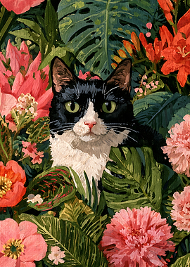 Tuxedo Cat in Tropical Garden