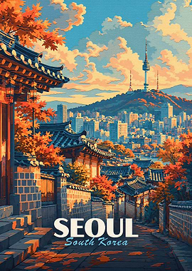 Seoul South Korea Autumn Travel Poster