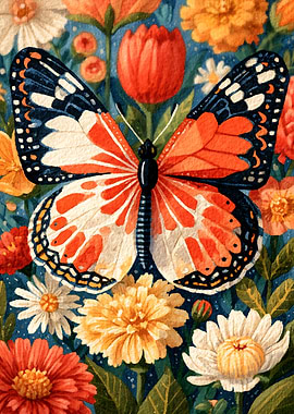 Vibrant Butterfly Amidst Colorful Garden Flowers