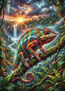 Vibrant Chameleon in Tropical Jungle