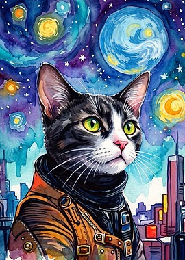Cat Space Watercolor Poster