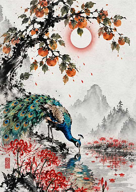 Peacock Drinking by Persimmon Tree