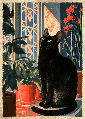 Black Cat Among Houseplants