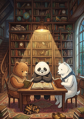 Library Bears Cozy Reading Art Post