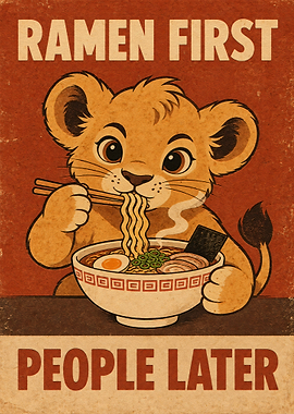 Cute Lion Cub Eating Ramen Poster