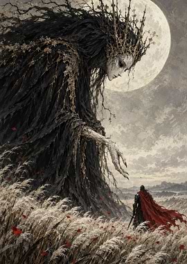 Knight Facing a Giant Dark Goddess