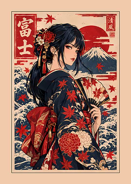 Anime Girl in Kimono with Mount Fuji