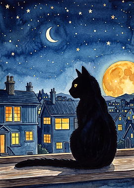 Black Cat Rooftop Watercolor Art