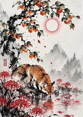 Fox Drinking by Persimmon Tree