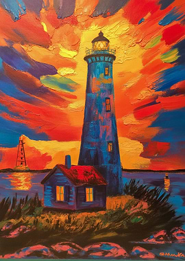 Vibrant Impasto Lighthouse Sunset Painting