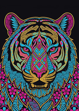 Neon Seigaiha Tiger - Japanese Tigar Face Art