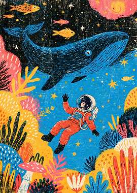 Astronaut Swimming with Cosmic Whale