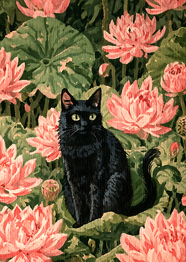 Black Cat in Lotus Garden Painting