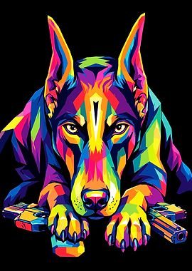 Colorful Pop Art Doberman with Guns