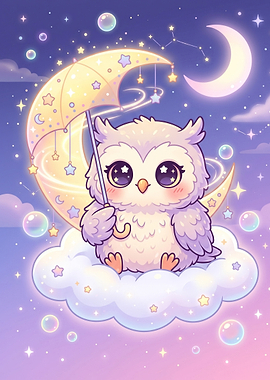 Cute Owl Sitting on a Cloud