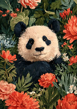 Panda Surrounded by Vibrant Flowers
