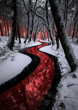Crimson River in Snowy Forest