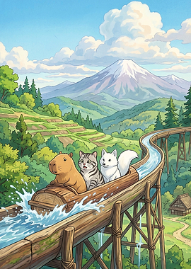 Capybara Log Ride Anime Art Poster