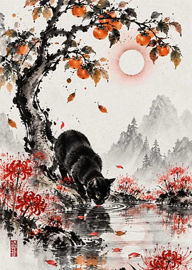 Black Cat Drinking by Persimmon Tree
