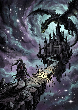 Knight Facing Dragon at Floating Castle The Broken Bridge - Dragon's Domain