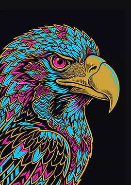 Neon Seigaiha Hawk - Japanese Bird of Prey Art