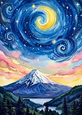 Mountain Fuji Night Sky Watercolor