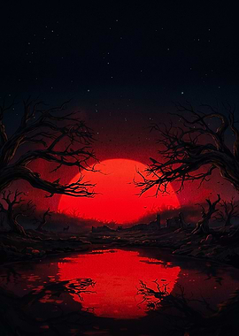 Red Moon Lake Dark Fantasy Art